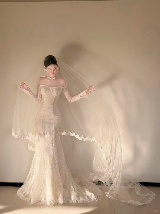 Gorgeous Long Sleeve Wedding Dress Lace Off-the-Shoulder Mermaid Bridal Dress CY0021