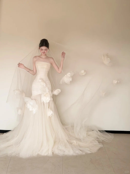Boho-Style Long Sleeve Ivory Wedding Dress Tulle Mermaid Bridal Dress CY0022