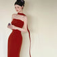 Simple Strapless Red Prom Dress With Scarf Mermaid Evening Dress CY0026
