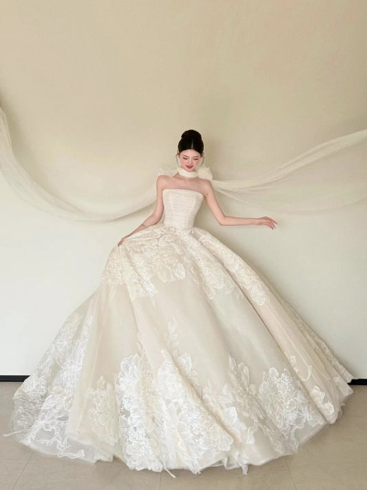 Glamorous A-Line Ivory Wedding Dress Ideas Strapless Appliques Bridal Gowns CY0029