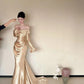 Sleek Off-the-Shoulder Ruched Gold Prom Dress Long Sleeve Mermaid Evening Dress CY0034
