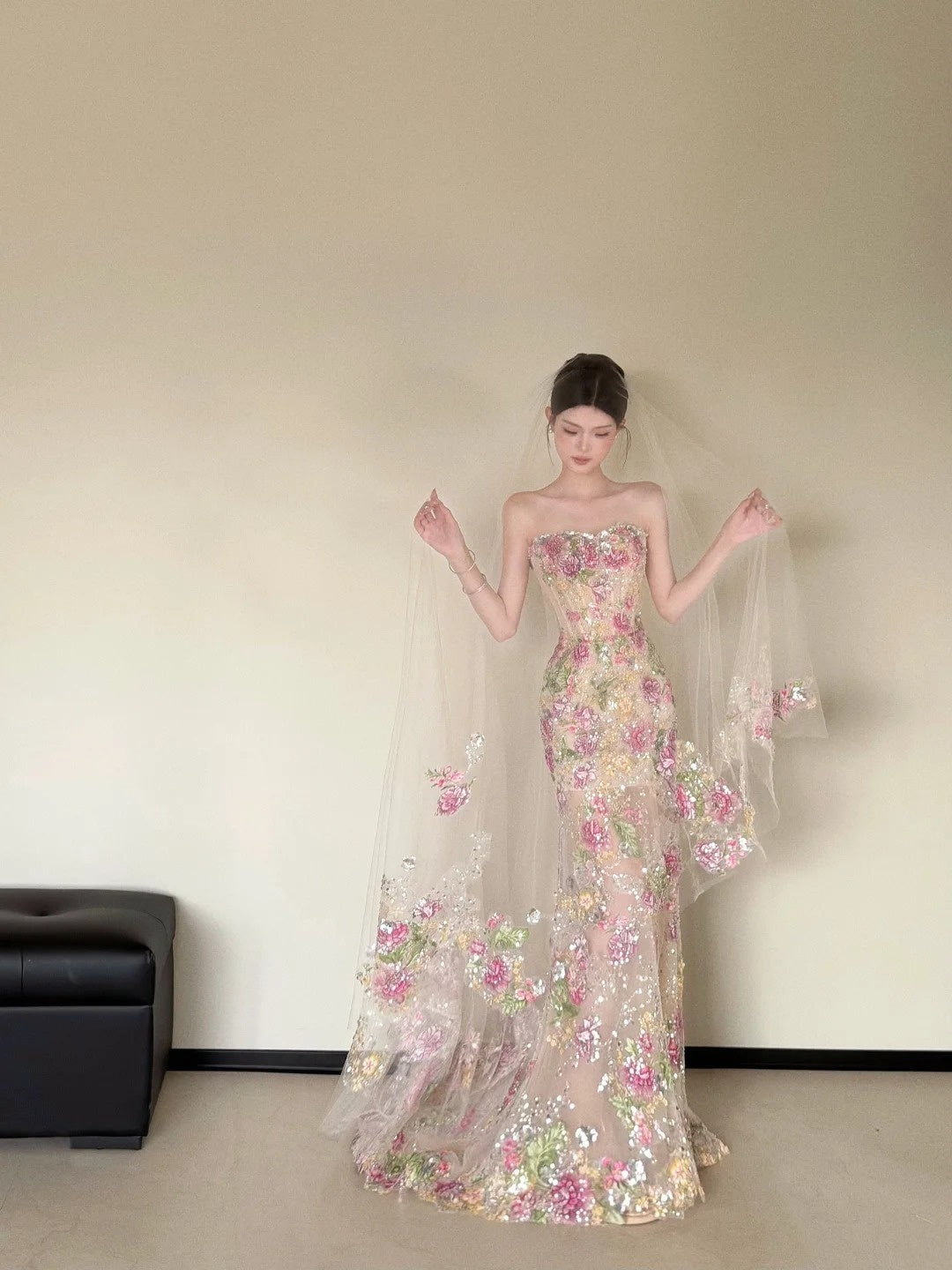 Popular Strapless Sequins Floral Prom Dress Appliques Mermaid Evening Dress CY0035