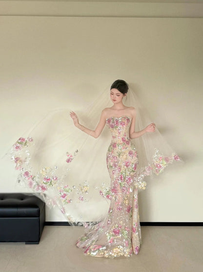 Popular Strapless Sequins Floral Prom Dress Appliques Mermaid Evening Dress CY0035