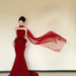 Modern Strapless Red Prom Dress With Scarf Appliques Mermaid Evening Dress CY0036