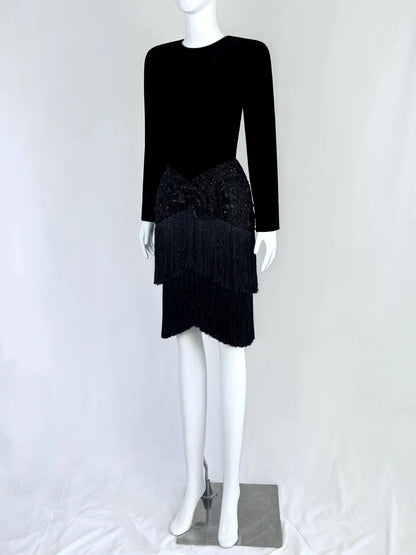 Retro Sheath Black Homecoming Dress Sequins Tassel Long Sleeve Short Dress CY0038