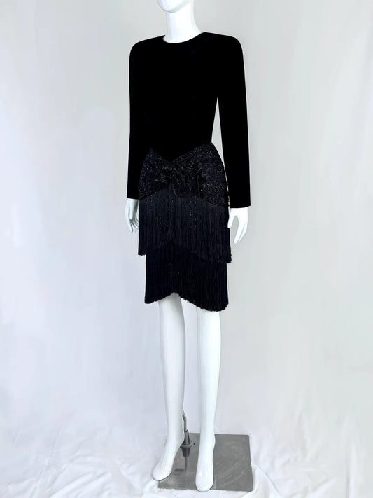 Retro Sheath Black Homecoming Dress Sequins Tassel Long Sleeve Short Dress CY0038
