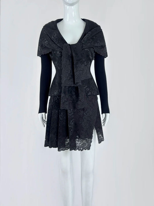 Gothic Sheath Black Homecoming Dress Lace Tiered Long Sleeve Short Dress CY0041