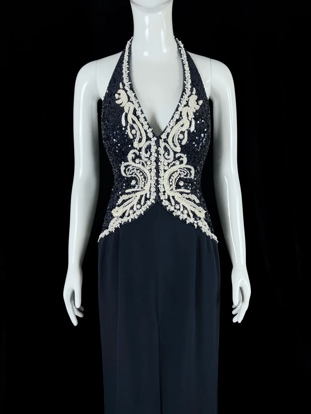 Pretty Halter Neck Navy Blue Prom Dress Appliques Sequins Sheath Evening Dress CY0042