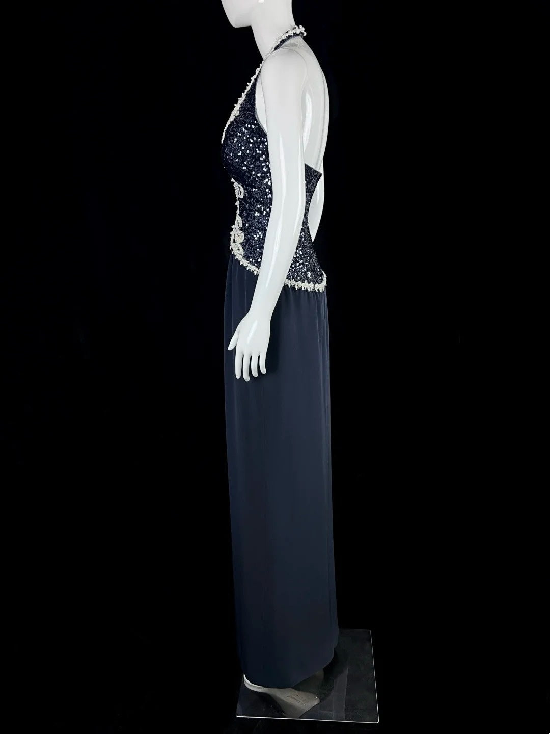 Pretty Halter Neck Navy Blue Prom Dress Appliques Sequins Sheath Evening Dress CY0042