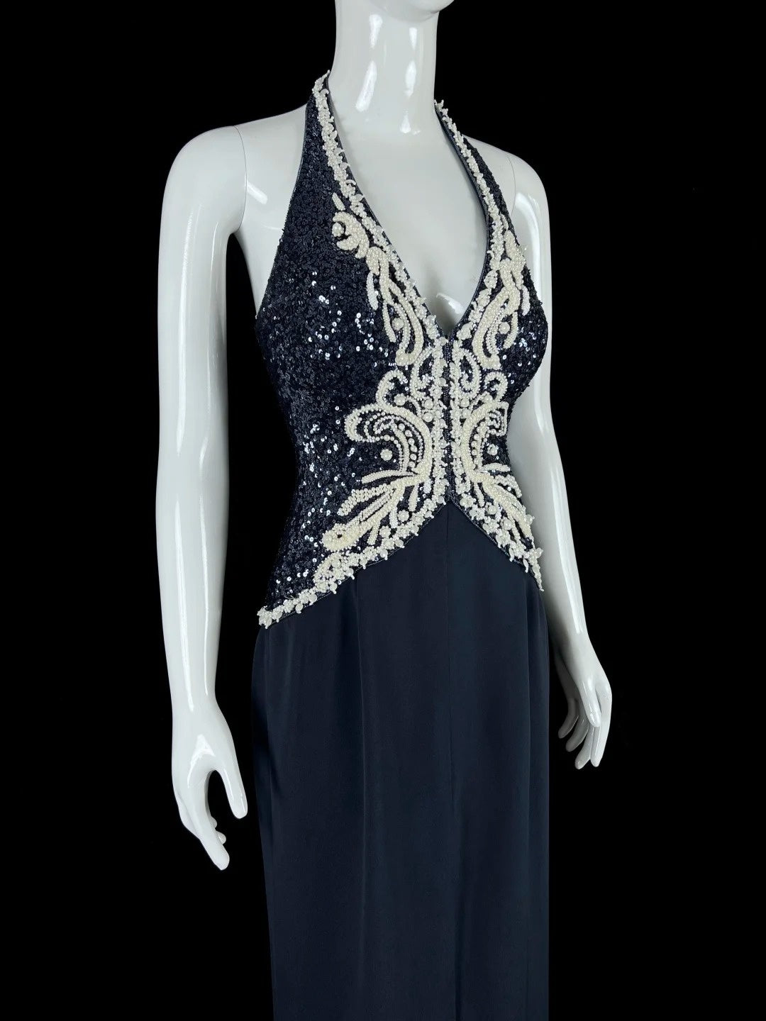 Pretty Halter Neck Navy Blue Prom Dress Appliques Sequins Sheath Evening Dress CY0042
