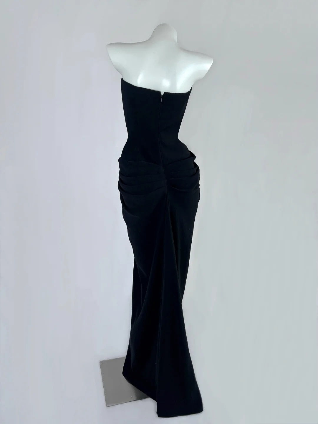 Fancy Strapless Black Prom Dress Ruched Appliques Sheath Evening Dress CY0043