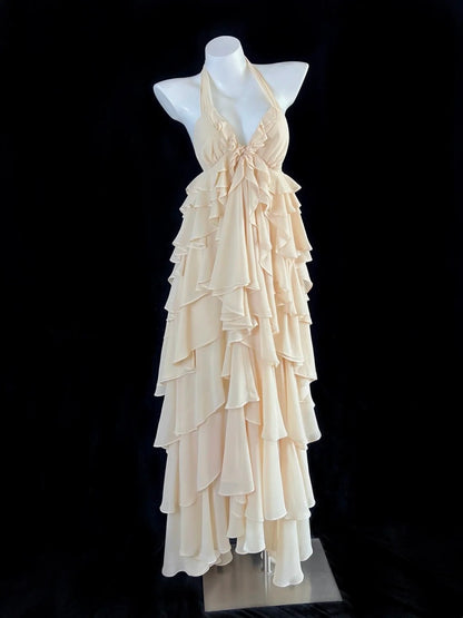 Graceful Apricot Ruffled Prom Dress Halter Neck Tiered A-Line Evening Dress CY0046