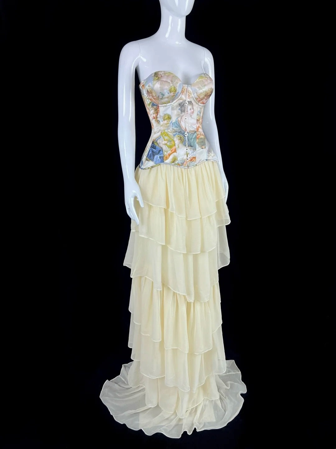Classy Strapless Printed Bodice Prom Dress Tiered A-Line Evening Dress CY0049