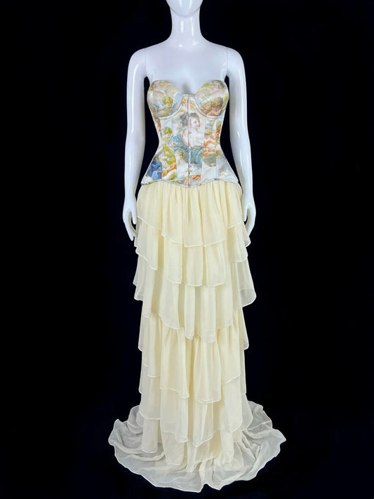 Classy Strapless Printed Bodice Prom Dress Tiered A-Line Evening Dress CY0049