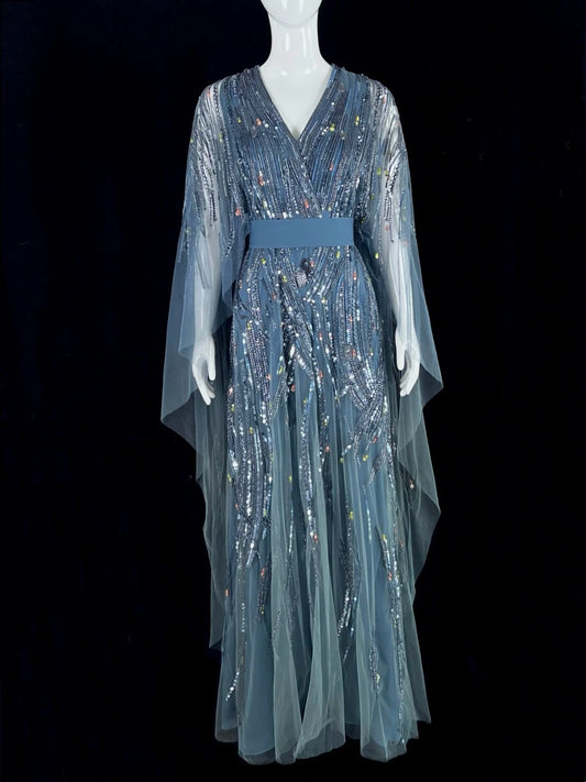Sweet V Neck Long Sleeve Blue Prom Dress Sequins Tulle A-Line Evening Dress CY0055