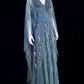 Sweet V Neck Long Sleeve Blue Prom Dress Sequins Tulle A-Line Evening Dress CY0055