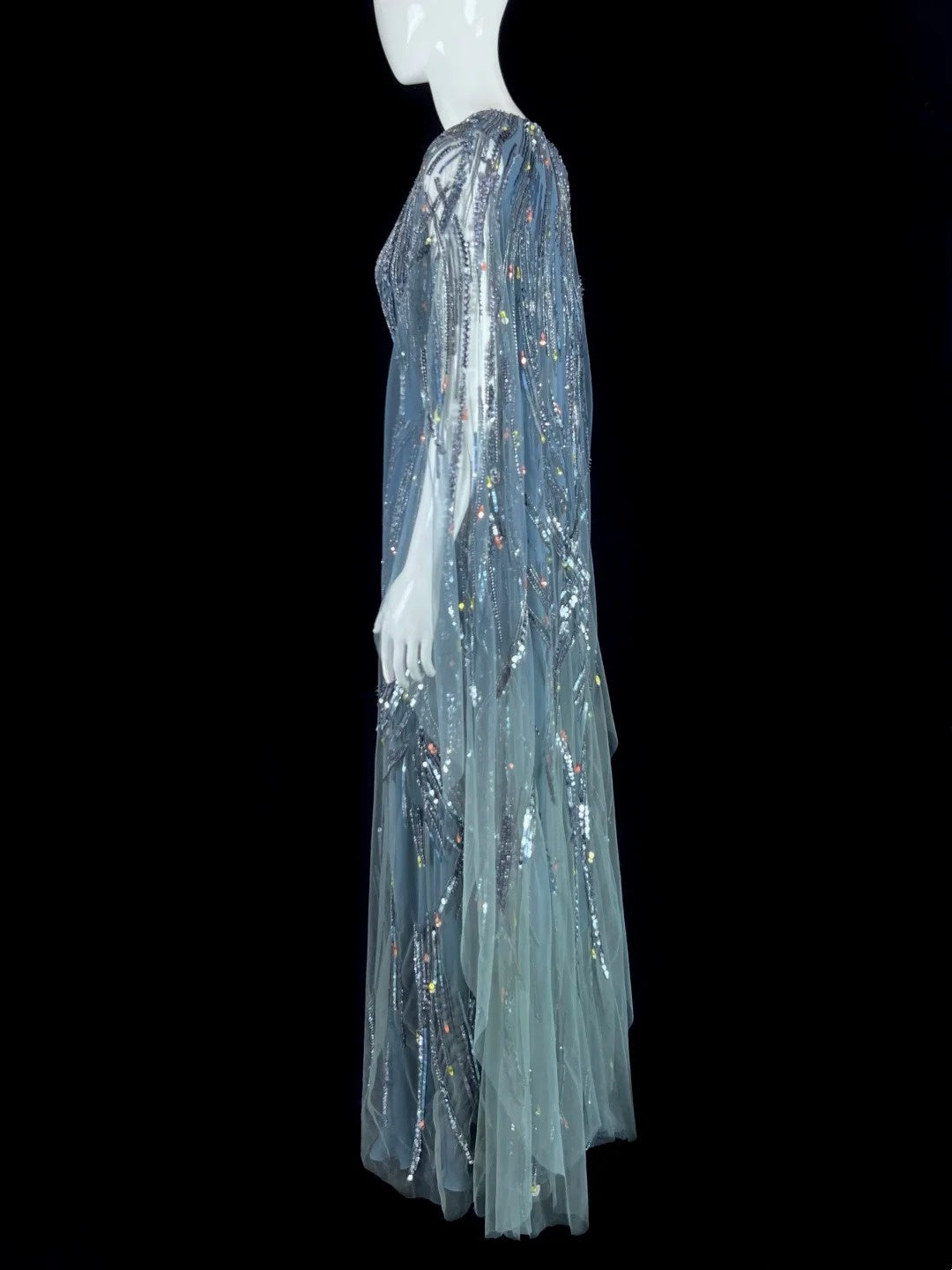 Sweet V Neck Long Sleeve Blue Prom Dress Sequins Tulle A-Line Evening Dress CY0055