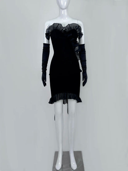 Gothic Strapless Sheath Black Homecoming Dress With Sleeve Bow Ruffles Sheath Short Dress CY0056