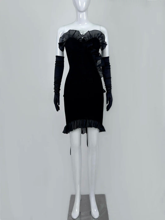 Gothic Strapless Sheath Black Homecoming Dress With Sleeve Bow Ruffles Sheath Short Dress CY0056