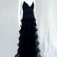 Chic Spaghetti Straps Black Prom Dress Lace Tiered A-Line Evening Dress CY0058