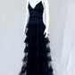 Chic Spaghetti Straps Black Prom Dress Lace Tiered A-Line Evening Dress CY0058