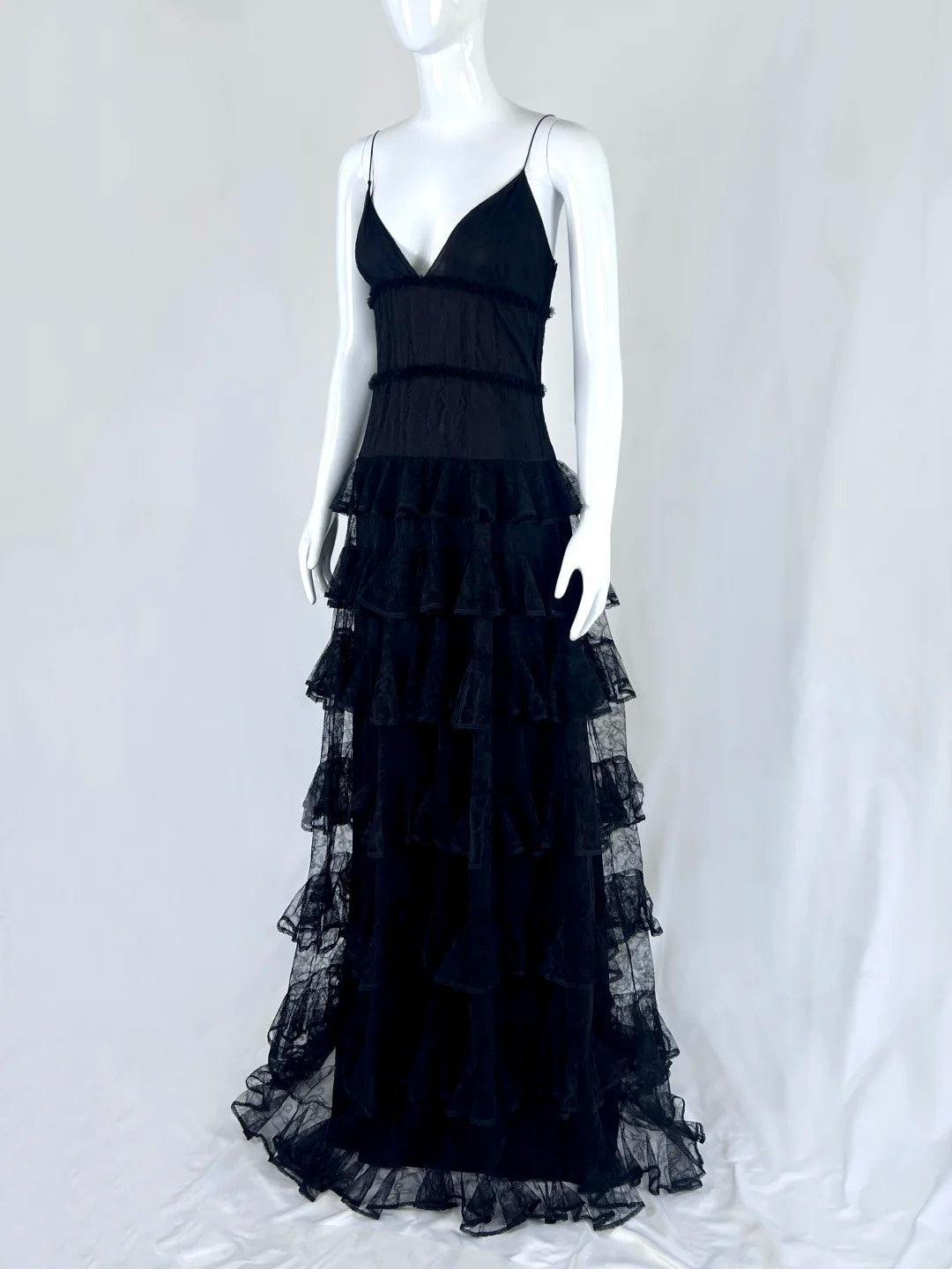 Chic Spaghetti Straps Black Prom Dress Lace Tiered A-Line Evening Dress CY0058
