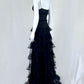 Chic Spaghetti Straps Black Prom Dress Lace Tiered A-Line Evening Dress CY0058