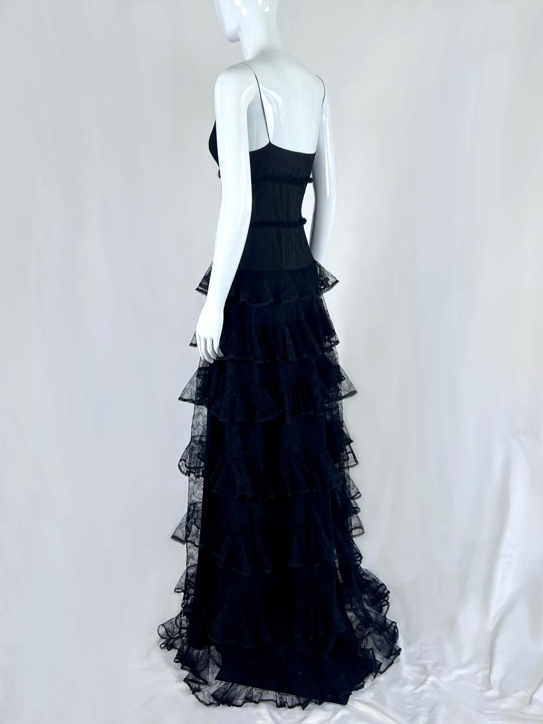Chic Spaghetti Straps Black Prom Dress Lace Tiered A-Line Evening Dress CY0058