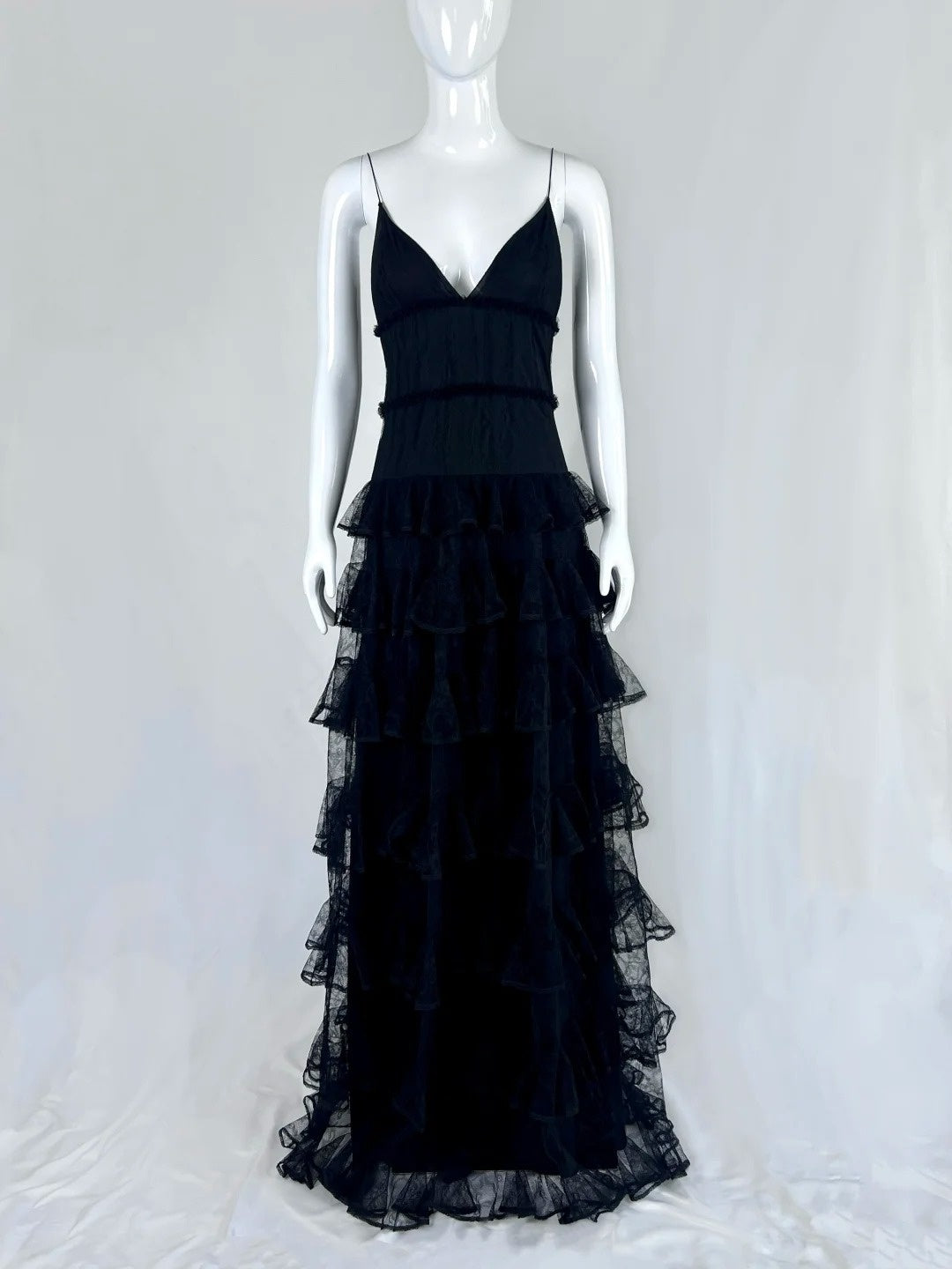 Chic Spaghetti Straps Black Prom Dress Lace Tiered A-Line Evening Dress CY0058