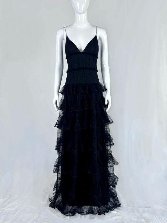 Chic Spaghetti Straps Black Prom Dress Lace Tiered A-Line Evening Dress CY0058