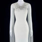 Glam V Neck Beaded Wedding Dress Tulle Long Sleeves Mermaid Bridal Gowns CY0070