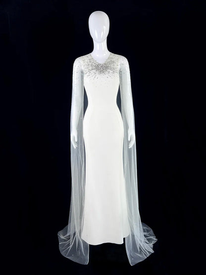 Glam V Neck Beaded Wedding Dress Tulle Long Sleeves Mermaid Bridal Gowns CY0070