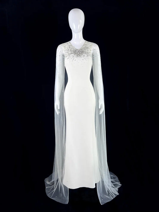 Glam V Neck Beaded Wedding Dress Tulle Long Sleeves Mermaid Bridal Gowns CY0070