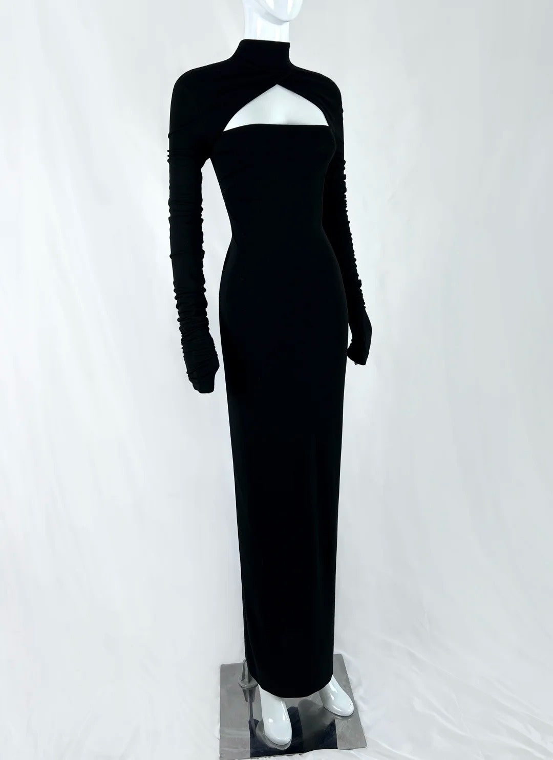 Gorgeous High Collar Black Prom Dress Long Sleeve Cutout Sheath Evening Dress CY0073
