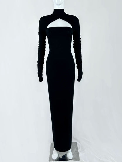 Gorgeous High Collar Black Prom Dress Long Sleeve Cutout Sheath Evening Dress CY0073