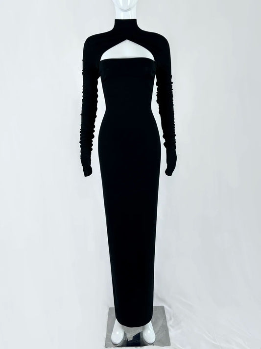 Gorgeous High Collar Black Prom Dress Long Sleeve Cutout Sheath Evening Dress CY0073