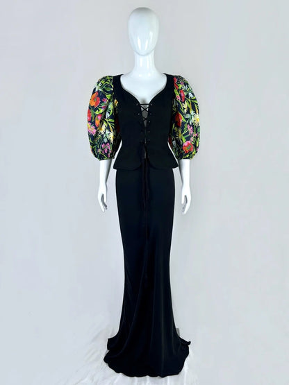 Boho-Style Sweetheart Neck Black Prom Dress Long Sleeve Bodice Mermaid Evening Dress CY0074