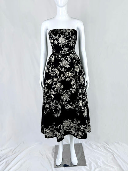 Glamorous Strapless Black Prom Dress Floral A-Line Evening Dress CY0081