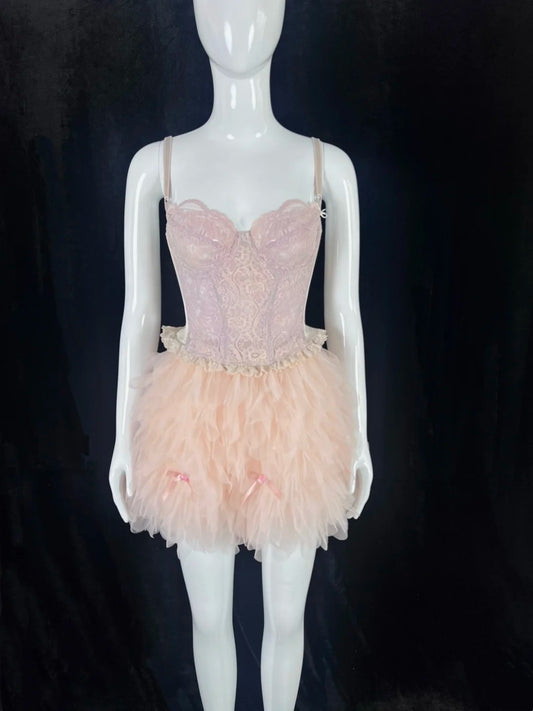 Delicate Spaghetti Straps Blush Pink Homecoming Dress Lace Bows Tulle A-Line Short Dress CY0085