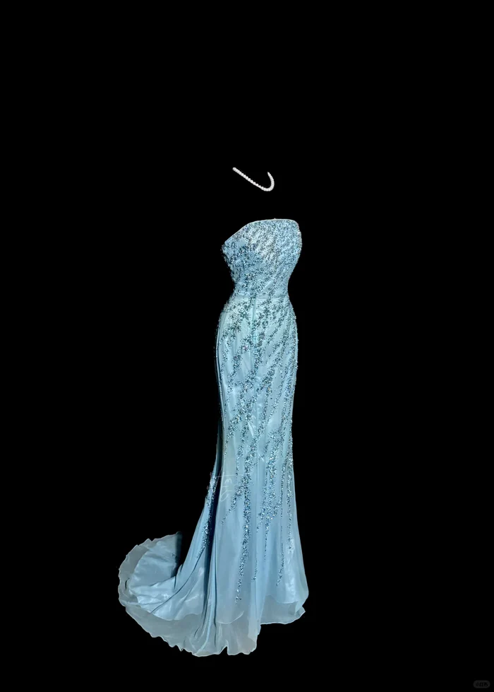 Vintage Mermaid Strapless Tulle Blue Beads Long Prom Gown Fairy Prom Dresses cg26130