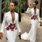 Elegant White Mermaid Formal Evening Dresses African Deep V-Neck Long Sleeve Appliques Red Lace Fashion Prom Party Dress Wear       cg24624