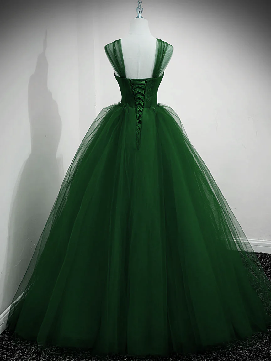 Green Tulle Beaded Sweetheart Long Party Dress, Green A-line Prom Dress Evening Dress      cg25057