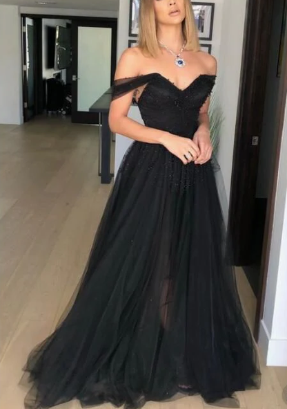 Black Beaded Tulle Long Evening Dress prom dress  cg12098