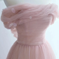 Pink Tulle Scoop A-line Floor Length Party Dress, Pink Off Shoulder Formal Dress Prom Dress    cg25013