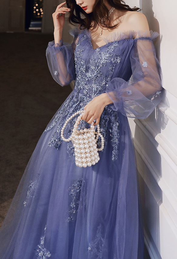 Blue Purple Tulle Long Sleeves Lace Applique Formal Gown, Blue-Purple Evening Dress Prom Dress    cg21874