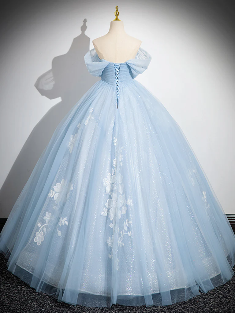 A-Line Tulle Lace Blue Long Prom Dress, Off Shoulder Blue Long Sweet 16 Dress    cg25056