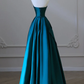 A-Line Strapless Satin Peacock Blue Long Prom Dress, Simple Peacock Blue Evening Dress     cg25016