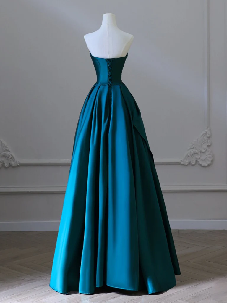 A-Line Strapless Satin Peacock Blue Long Prom Dress, Simple Peacock Blue Evening Dress     cg25016