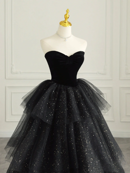 Strapless A-Line Delicate Lace Tulle Gown With Ruffle Black