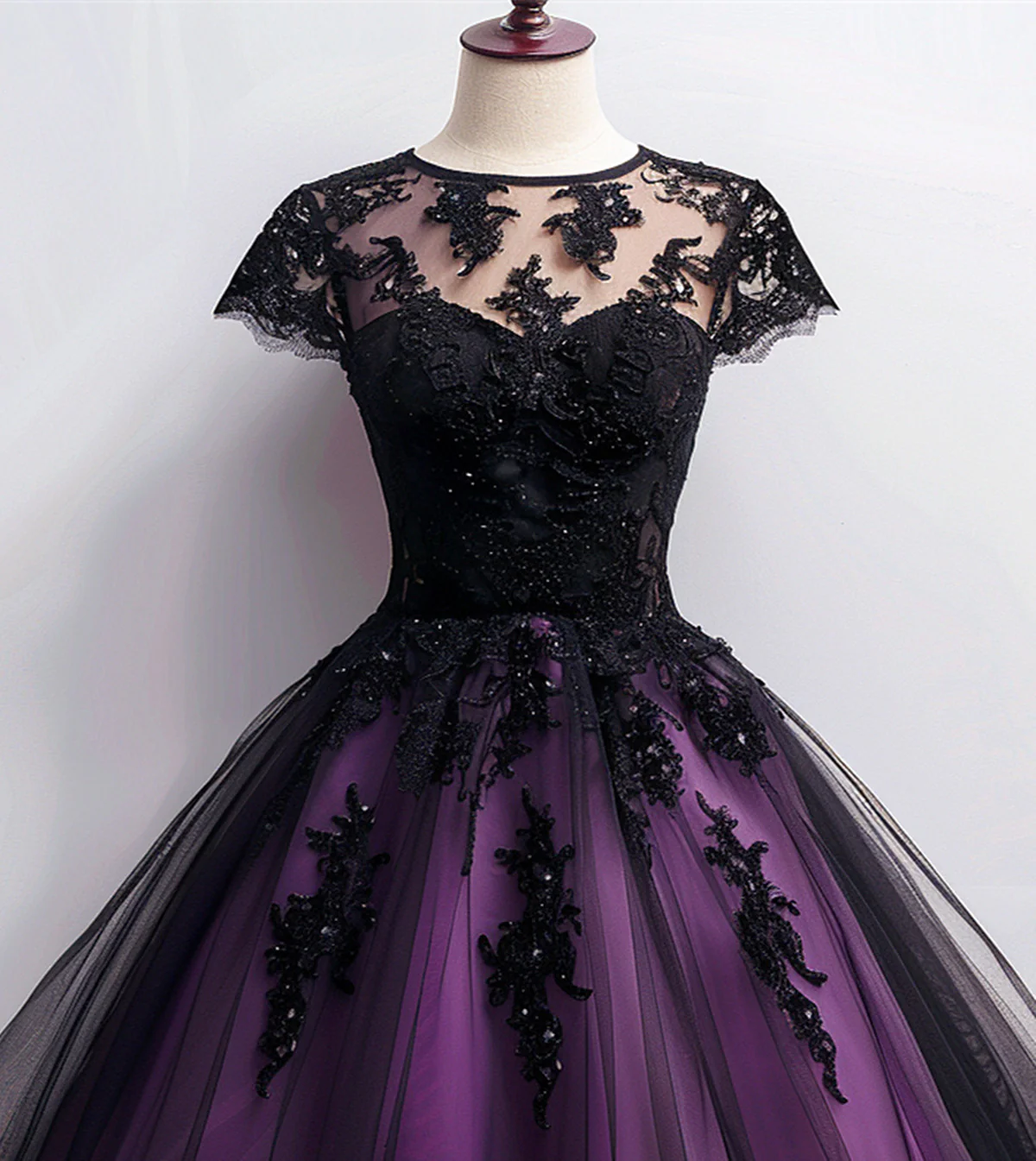 Cute Black And Purple Tulle Short Sleeves Party Dress, Tulle Short Homecoming Dress    cg25018